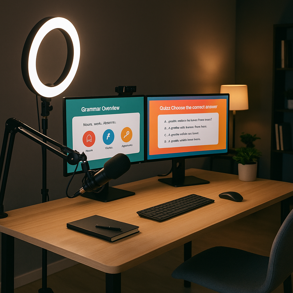 A sleek home-studio setup—ring light, mic, and dual monitors displaying lesson slides.