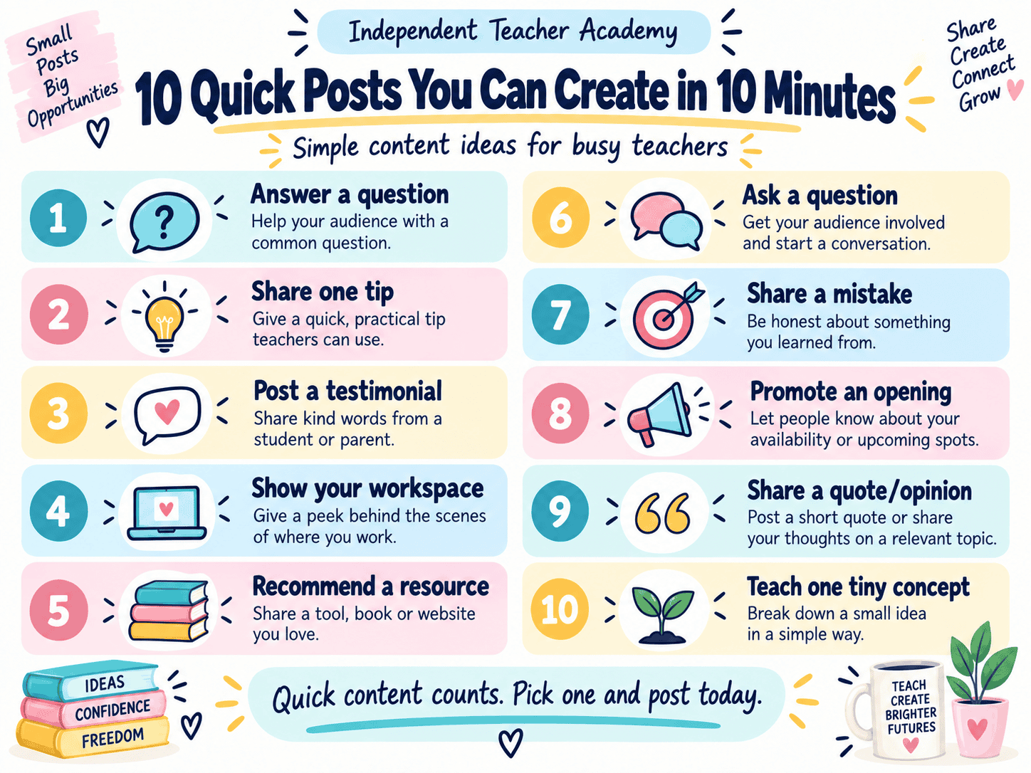 10 quick teacher content ideas you can create in 10 minutes, including tips, testimonials, resources, questions, mistakes, and promotions