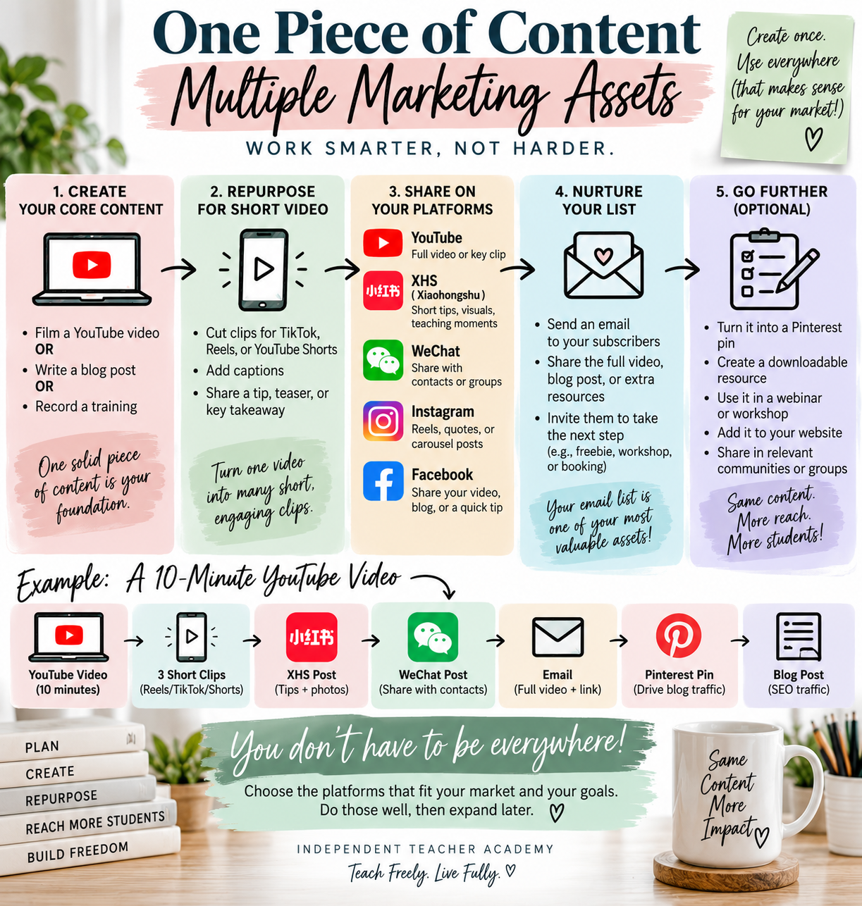 Content repurposing strategy for online teachers showing how one blog post or YouTube video can become short videos, social posts, emails and Pinterest content.
