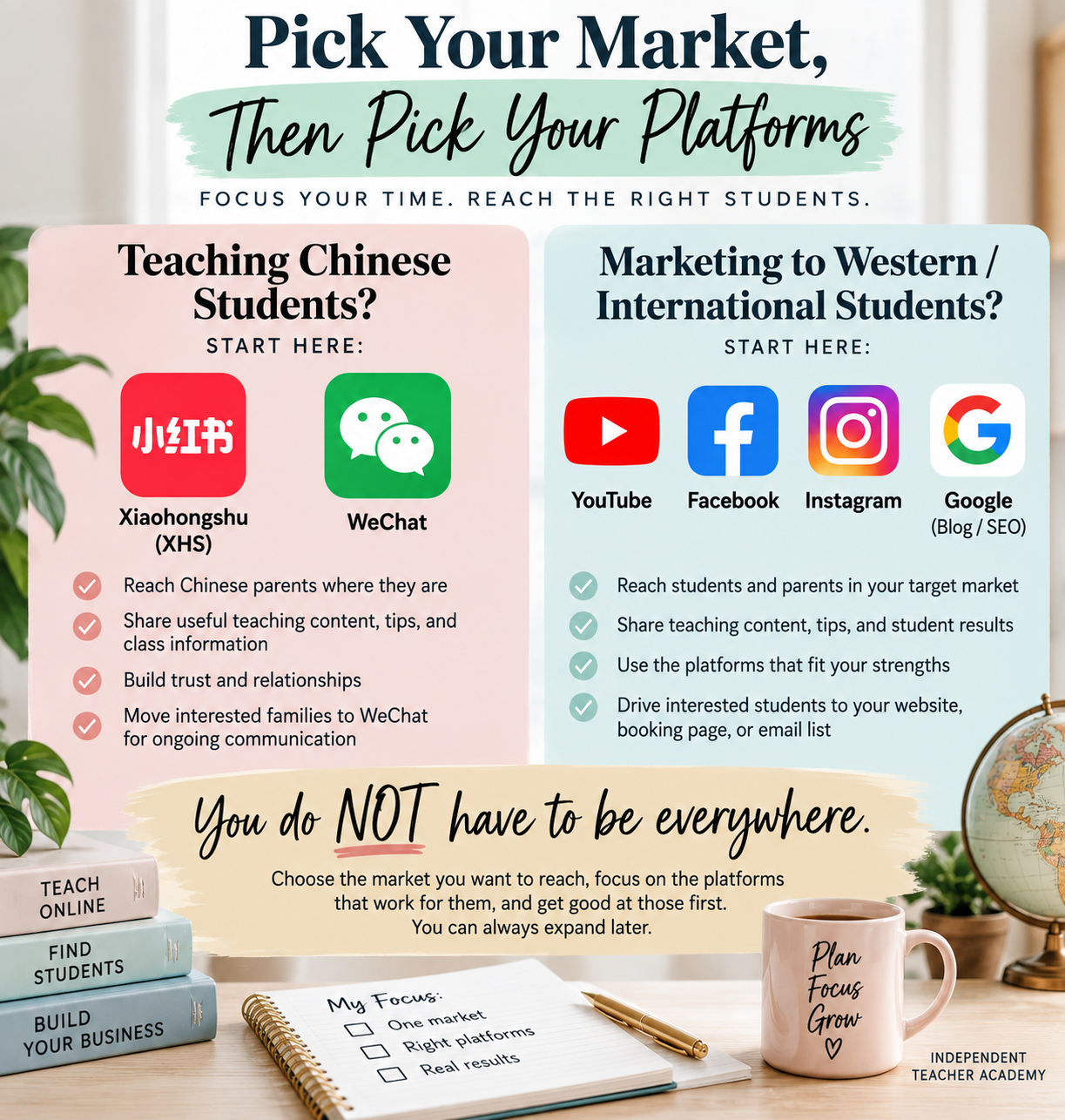 Marketing platforms for online teachers comparing Xiaohongshu and WeChat for Chinese students with YouTube, Facebook, Instagram and Google for Western and international students.