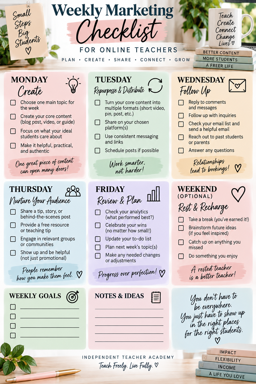 Printable weekly marketing checklist for online teachers covering content creation, repurposing, lead follow-up, audience nurturing, analytics and next-week planning.